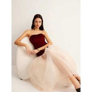 Commense Red Velvet Strapless Dress Formal Party Mermaid Hem Champagne Skirt M‎